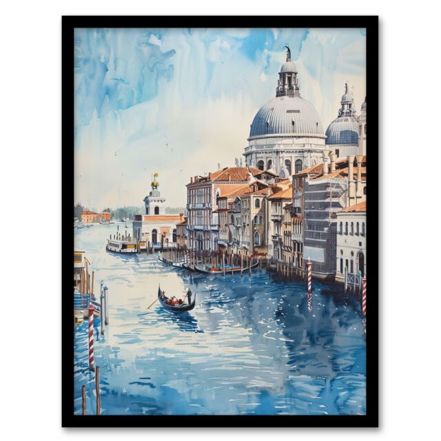 "Artery8 Venice Watercolour St Mark's Basilica Detailed Framed Art Print in Blue - Size: W12"" x H16""" - image 1