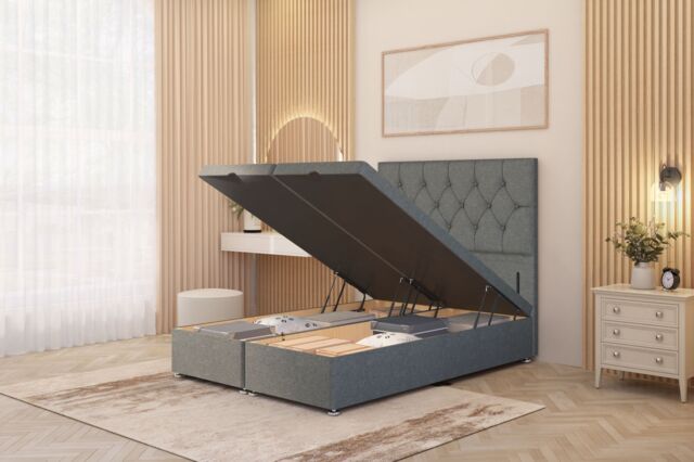 Somnior Ziggy Linen Fabric Ottoman Bed Base with Floor Standing Headboard in Mid Grey - Size: Super King - image 1
