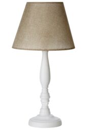 Orsina Round Base Table Lamp with EU Plug, White Wooden Candlestick Lamp Base, Fabric Shade with In-Line Switch in Beige