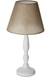 Orsina Round Base Table Lamp with EU Plug, White Wooden Candlestick Lamp Base, Fabric Shade with In-Line Switch in Beige - thumbnail 2