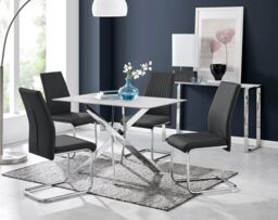 FurnitureboxUK Leonardo White Glass Marble Effect Silver Leg Table & 4 Lorenzo Chairs in Black - thumbnail 1