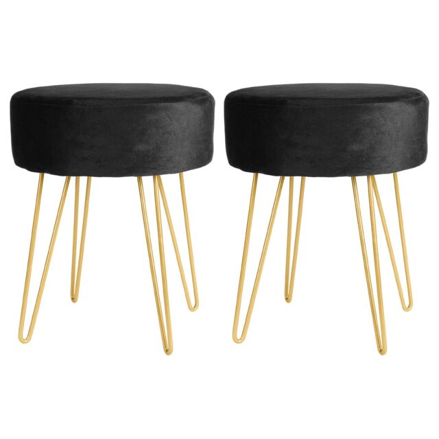 Harbour Housewares Round Velvet Footstools - H40 x D35cm - Gold Hairpin Legs - Pack of 2 in Black - image 1