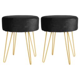Harbour Housewares Round Velvet Footstools - H40 x D35cm - Gold Hairpin Legs - Pack of 2 in Black