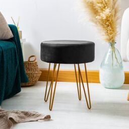 Harbour Housewares Round Velvet Footstools - H40 x D35cm - Gold Hairpin Legs - Pack of 2 in Black - thumbnail 7