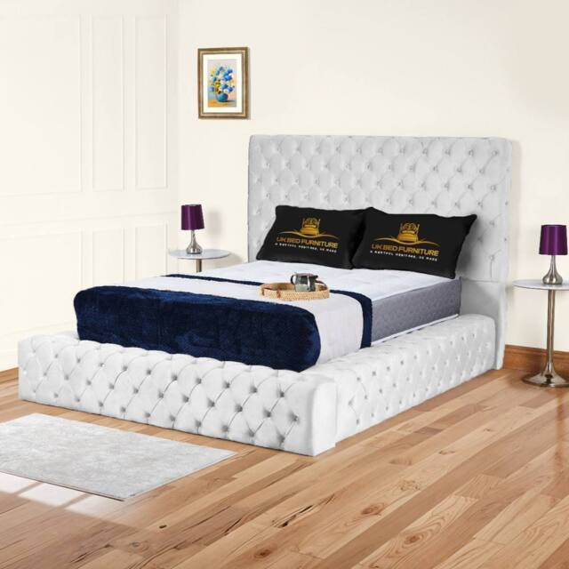 UK Bed Furniture Ambassador Upholstered Bed Frame with 54-inch Headboard - Slatted Base in White - Size: Double - image 1