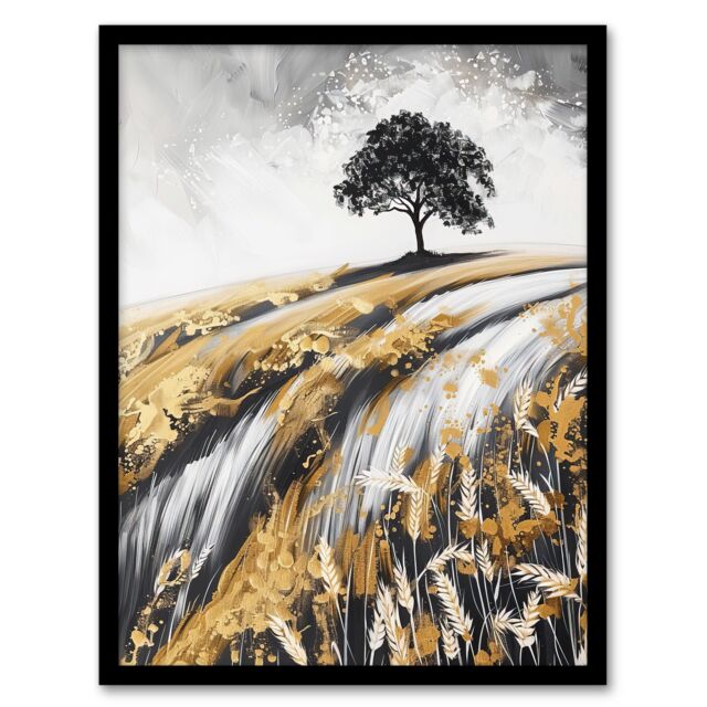 "Artery8 Tree in Golden Field of Wheat Painting Landscape Framed Art Print in Mustard - Size: W12"" x H16""" - image 1