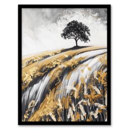 "Artery8 Tree in Golden Field of Wheat Painting Landscape Framed Art Print in Mustard - Size: W12"" x H16""" - thumbnail 1