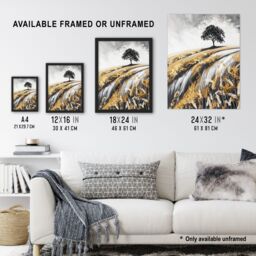"Artery8 Tree in Golden Field of Wheat Painting Landscape Framed Art Print in Mustard - Size: W12"" x H16""" - thumbnail 3