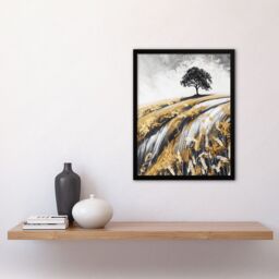 "Artery8 Tree in Golden Field of Wheat Painting Landscape Framed Art Print in Mustard - Size: W12"" x H16""" - thumbnail 4