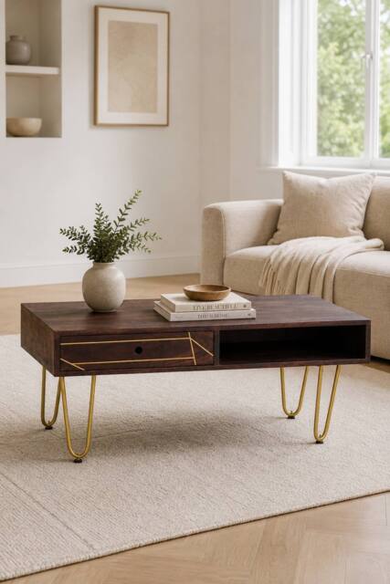 IH Design Silchester Dark Mango Coffee Table with Drawer & Gold Inlay in Brown - image 1