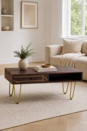 IH Design Silchester Dark Mango Coffee Table with Drawer & Gold Inlay in Brown