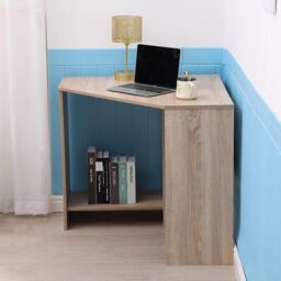 Home Source Wellington Compact Office Computer Corner Desk with Storage Shelves in Light Oak - thumbnail 3