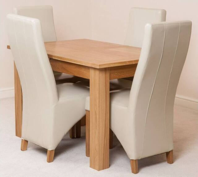 Thats Furniture Hampton 120-160cm Oak Extending Dining Table & 4 Lola Leather Chairs in Cream - image 1