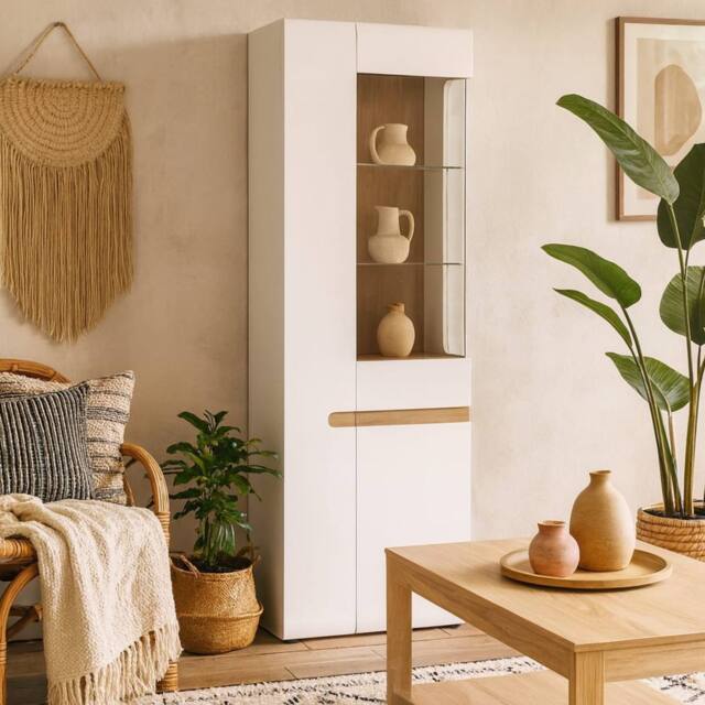 Wyld Haus Foxwhisk Tall Glazed Narrow Display Unit White Gloss & Truffle Oak - image 1