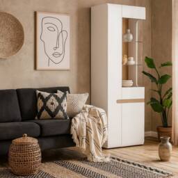 Wyld Haus Foxwhisk Tall Glazed Narrow Display Unit White Gloss & Truffle Oak - thumbnail 2
