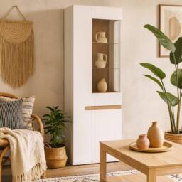 Wyld Haus Foxwhisk Tall Glazed Narrow Display Unit White Gloss & Truffle Oak - thumbnail 1