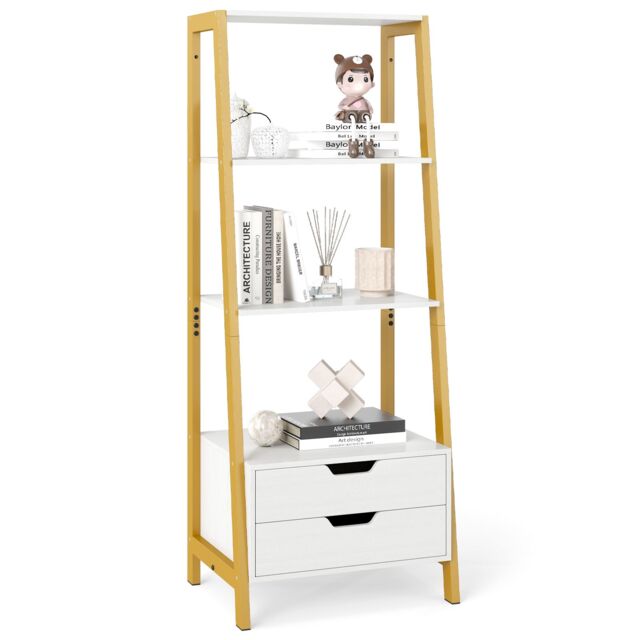 Costway Ladder Bookshelf Tall Freestanding Display Rack with Storage-White in White - image 1