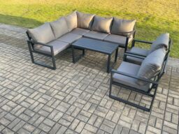 Fimous Aluminium Outdoor Garden Furniture Set Lounge Sofa Oblong Coffee Table Sets with 2 Pcs Chair Indoor Conservatory Set Dark Grey - thumbnail 2
