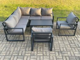 Fimous Aluminium Outdoor Garden Furniture Set Lounge Sofa Oblong Coffee Table Sets with 2 Pcs Chair Indoor Conservatory Set Dark Grey - thumbnail 1