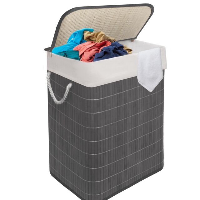 MANTRARAJ 105L Foldable Bamboo Laundry Basket Dual Compartment With Lid Grey - image 1