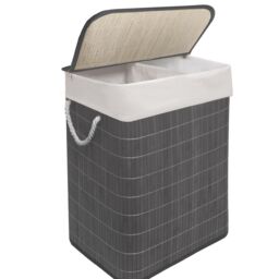 MANTRARAJ 105L Foldable Bamboo Laundry Basket Dual Compartment With Lid Grey - thumbnail 7