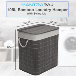 MANTRARAJ 105L Foldable Bamboo Laundry Basket Dual Compartment With Lid Grey - thumbnail 3