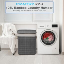 MANTRARAJ 105L Foldable Bamboo Laundry Basket Dual Compartment With Lid Grey - thumbnail 5