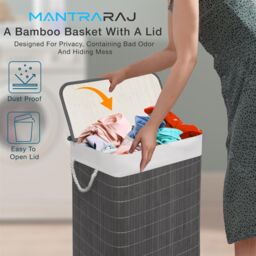 MANTRARAJ 105L Foldable Bamboo Laundry Basket Dual Compartment With Lid Grey - thumbnail 6