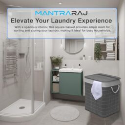 MANTRARAJ 105L Foldable Bamboo Laundry Basket Dual Compartment With Lid Grey - thumbnail 2