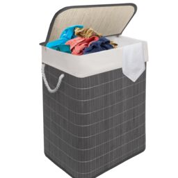 MANTRARAJ 105L Foldable Bamboo Laundry Basket Dual Compartment With Lid Grey