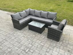 Fimous Rattan Lounge Corner Sofa Set Wicker PE Outdoor Garden Furniture Set with Rectangular Coffee Table Armchair in Dark Grey - thumbnail 2