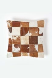 Homescapes Beige & Cream Real Leather & Goat Hair Small Check Cushion with Feather Filling - Size: 45 cm x 45 cm