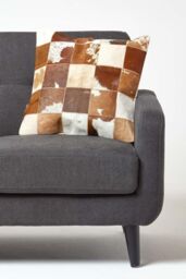 Homescapes Beige & Cream Real Leather & Goat Hair Small Check Cushion with Feather Filling - Size: 45 cm x 45 cm - thumbnail 4