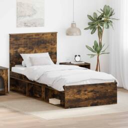 Berkfield Home Bed Frame with Headboard Smoked Oak 90 x 200 cm Solid Pine Wood in Brown - thumbnail 1