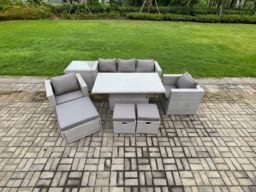 Fimous Outdoor Rattan Garden Funiture Set Height Adjustable Rising Lifting Table Sofa Dining Set with 2 Armchair in Light Grey - thumbnail 2