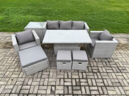 Fimous Outdoor Rattan Garden Funiture Set Height Adjustable Rising Lifting Table Sofa Dining Set with 2 Armchair in Light Grey - thumbnail 1