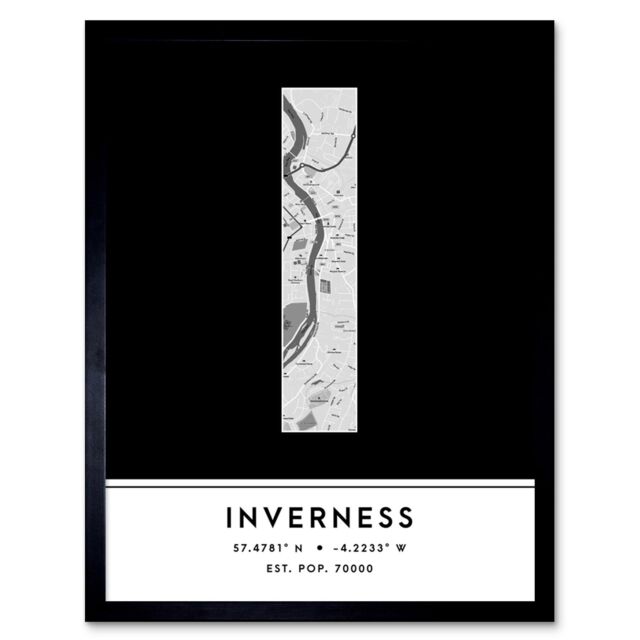 "Wee Blue Coo Wall Art Print Inverness Scotland UK City Map Modern Typography Stylish Letter Framed Word in Black - Size: W12"" x H16""" - image 1