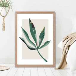 ARTZE Palm Leaf Green & Red Minamilist Framed Print SIZE: A3 with Oak Frame - Size: A4 - thumbnail 2
