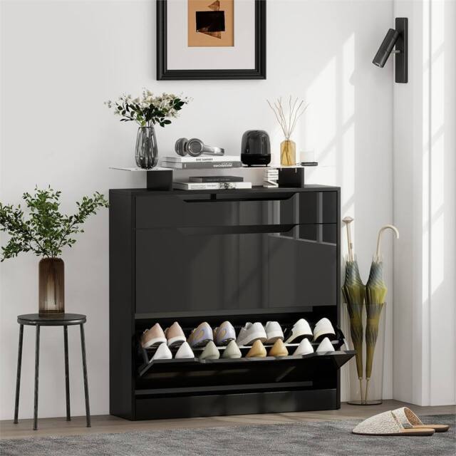 EONLION Black-Shoe Cabinet with 3 Drawers Storage in Black - Size: 100 cm - image 1
