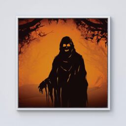 Warren Reed - Designer A Spooky Black & Orange Ghost Framed Canvas in Off-White - Size: w40 inch x h40 inch - thumbnail 1