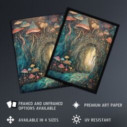 Artery8 Wall Art Print Mystical Cave w/ Bioluminescent Mushrooms Watercolour Painting Blue Orange Red Shimmering Crystals Fantasy Landscape Colourful - thumbnail 2