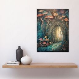 Artery8 Wall Art Print Mystical Cave w/ Bioluminescent Mushrooms Watercolour Painting Blue Orange Red Shimmering Crystals Fantasy Landscape Colourful - thumbnail 4
