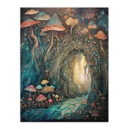 Artery8 Wall Art Print Mystical Cave w/ Bioluminescent Mushrooms Watercolour Painting Blue Orange Red Shimmering Crystals Fantasy Landscape Colourful - thumbnail 1