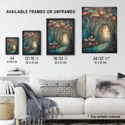 Artery8 Wall Art Print Mystical Cave w/ Bioluminescent Mushrooms Watercolour Painting Blue Orange Red Shimmering Crystals Fantasy Landscape Colourful - thumbnail 3