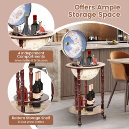 Costway Globe Wine Rack Storage Cabinet with Wheels White in Beige - thumbnail 5