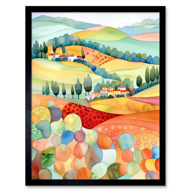 "Artery8 Wall Art Print Chianti Italy Rolling Hills Folk Art Framed in Black - Size: W12"" x H16""" - image 1