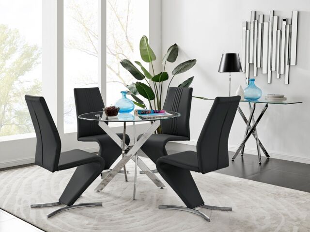 FurnitureboxUK Novara Round 100cm Chrome Metal & Glass Dining Table & 4 Willow Dining Chairs Set in Black - image 1