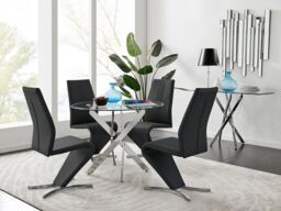 FurnitureboxUK Novara Round 100cm Chrome Metal & Glass Dining Table & 4 Willow Dining Chairs Set in Black - thumbnail 1