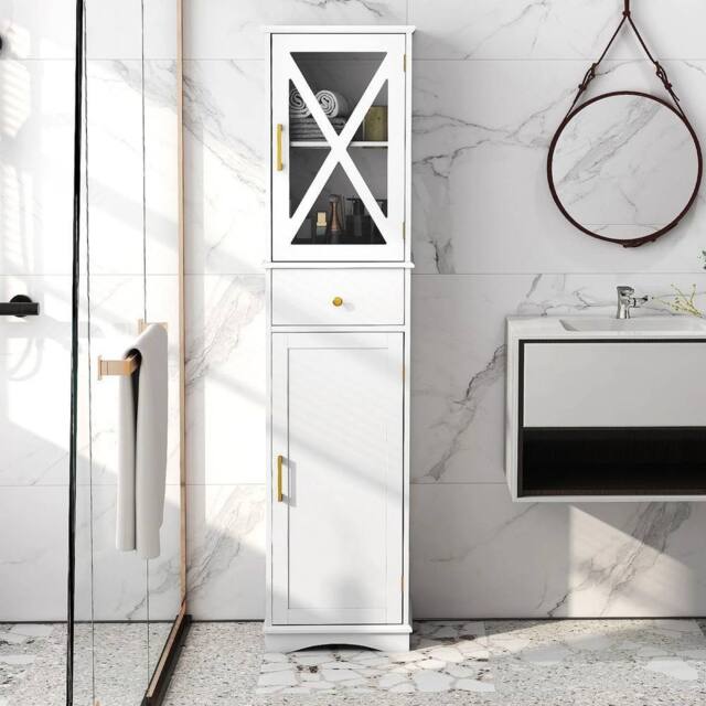 KORVIXA Narrow Freestanding Tall Bathroom Linen Tower Storage Cabinet in White - Size: W700mm x H750mm - image 1