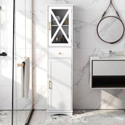 KORVIXA Narrow Freestanding Tall Bathroom Linen Tower Storage Cabinet in White - Size: W700mm x H750mm - thumbnail 1